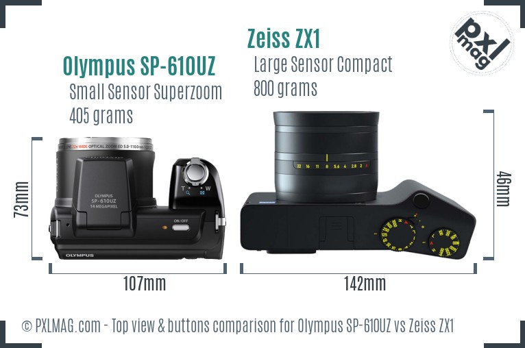 Olympus SP-610UZ vs Zeiss ZX1 top view buttons comparison