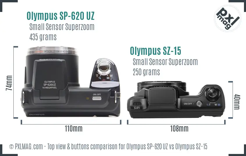 Olympus SP-620 UZ vs Olympus SZ-15 top view buttons comparison