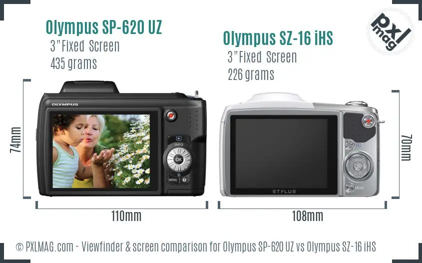 Olympus SP-620 UZ vs Olympus SZ-16 iHS Screen and Viewfinder comparison