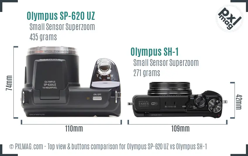 Olympus SP-620 UZ vs Olympus SH-1 top view buttons comparison