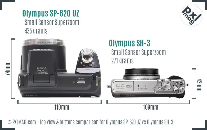Olympus SP-620 UZ vs Olympus SH-3 top view buttons comparison