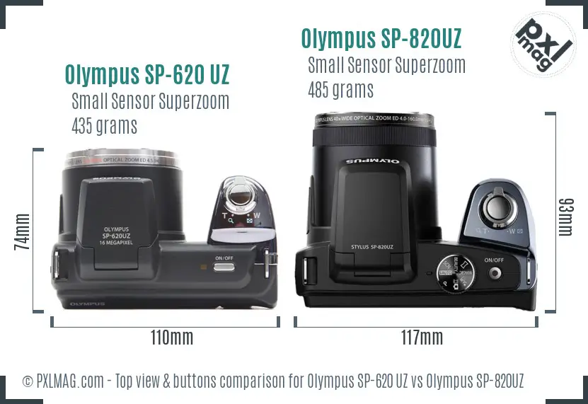Olympus SP-620 UZ vs Olympus SP-820UZ top view buttons comparison