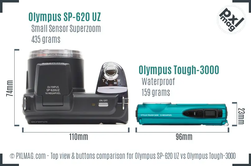 Olympus SP-620 UZ vs Olympus Tough-3000 top view buttons comparison