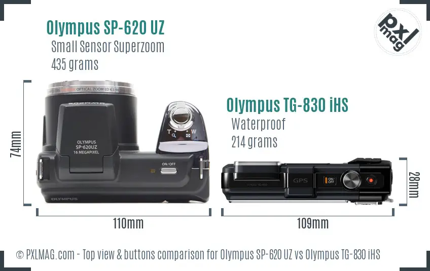 Olympus SP-620 UZ vs Olympus TG-830 iHS top view buttons comparison