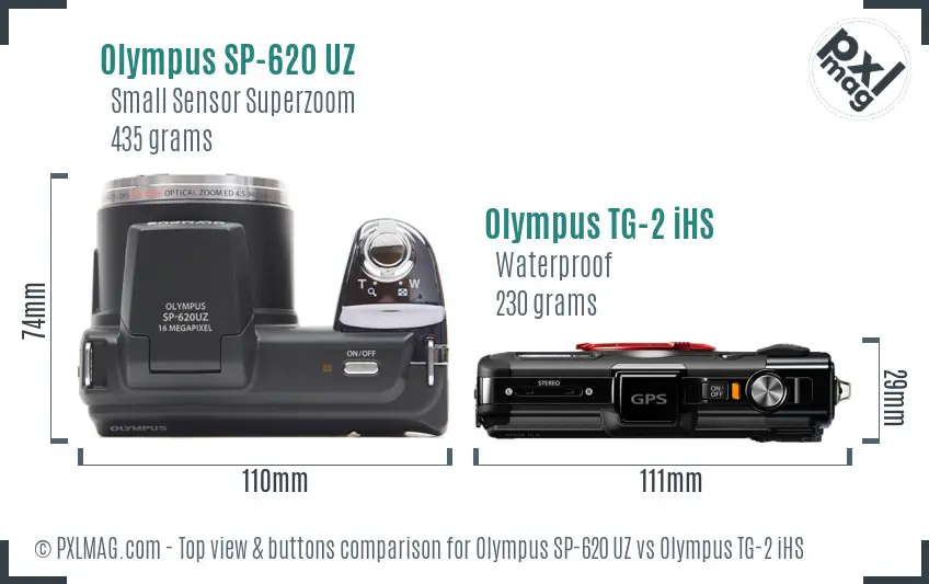 Olympus SP-620 UZ vs Olympus TG-2 iHS top view buttons comparison