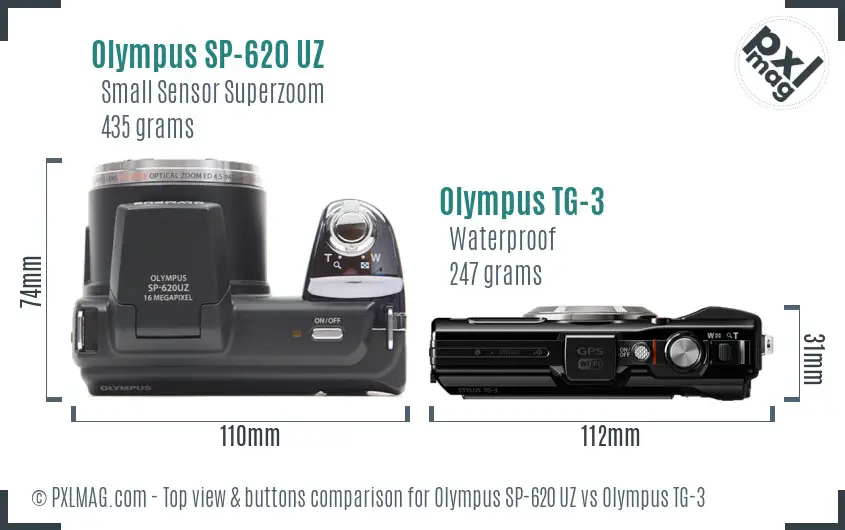 Olympus SP-620 UZ vs Olympus TG-3 top view buttons comparison