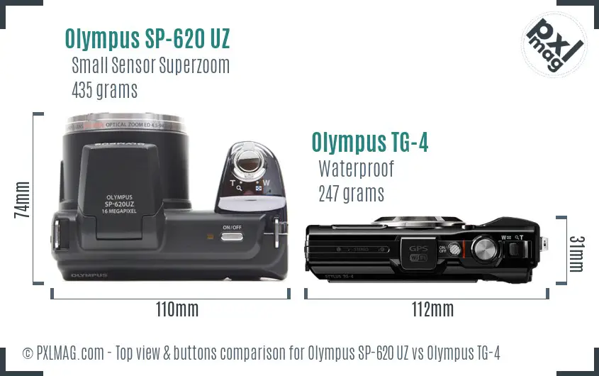 Olympus SP-620 UZ vs Olympus TG-4 top view buttons comparison