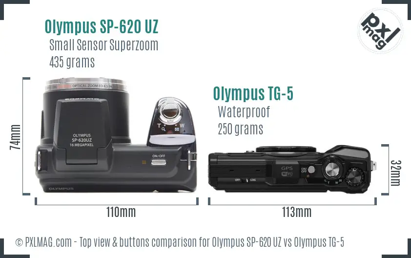 Olympus SP-620 UZ vs Olympus TG-5 top view buttons comparison