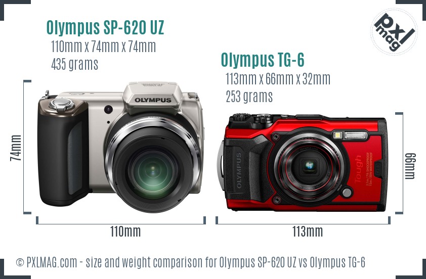 Olympus SP-620 UZ vs Olympus TG-6 size comparison