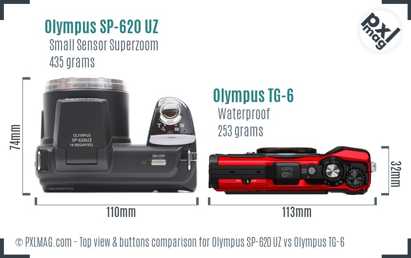 Olympus SP-620 UZ vs Olympus TG-6 top view buttons comparison