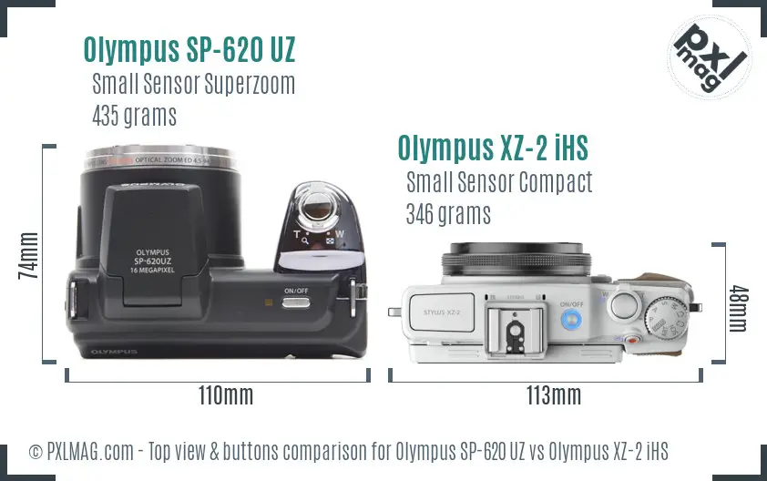 Olympus SP-620 UZ vs Olympus XZ-2 iHS top view buttons comparison