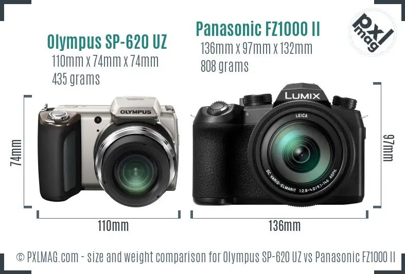 Olympus SP-620 UZ vs Panasonic FZ1000 II size comparison