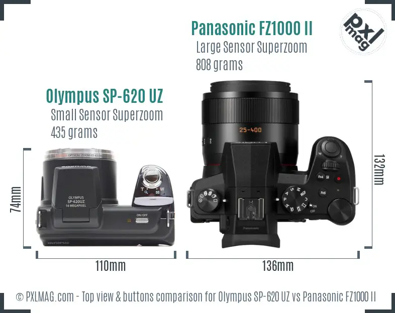 Olympus SP-620 UZ vs Panasonic FZ1000 II top view buttons comparison