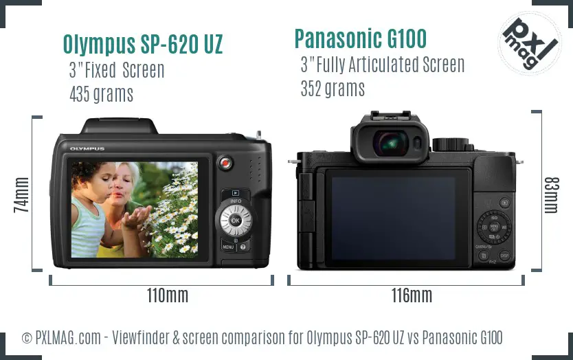 Olympus SP-620 UZ vs Panasonic G100 Screen and Viewfinder comparison