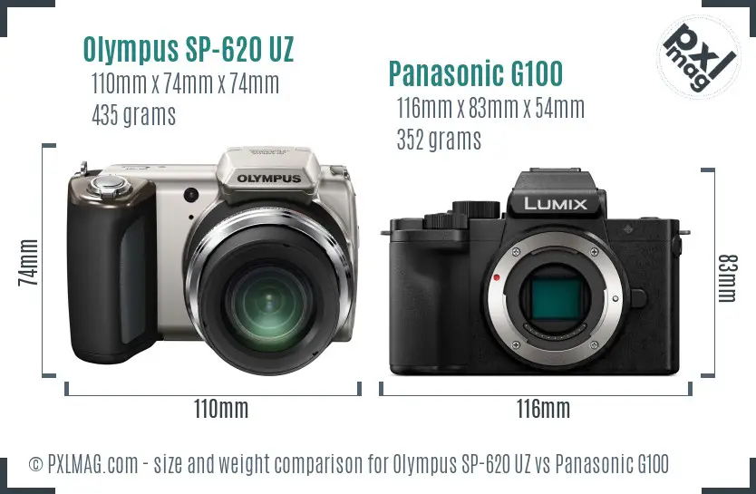 Olympus SP-620 UZ vs Panasonic G100 size comparison