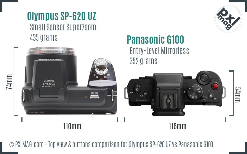 Olympus SP-620 UZ vs Panasonic G100 top view buttons comparison