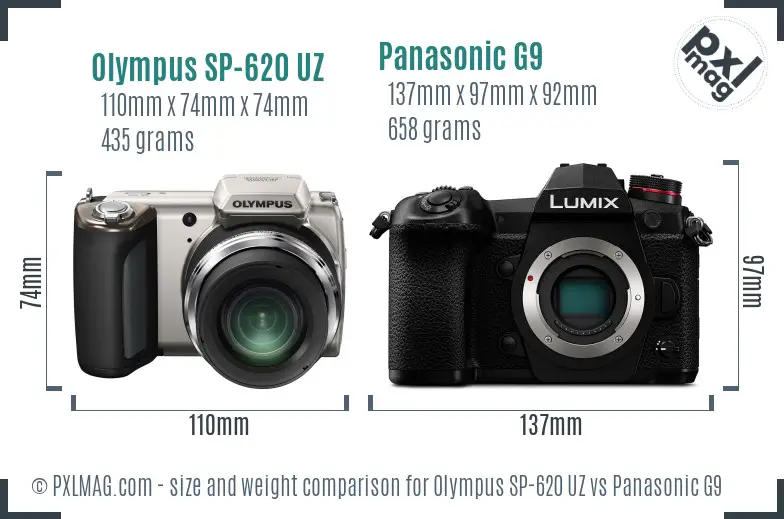 Olympus SP-620 UZ vs Panasonic G9 size comparison