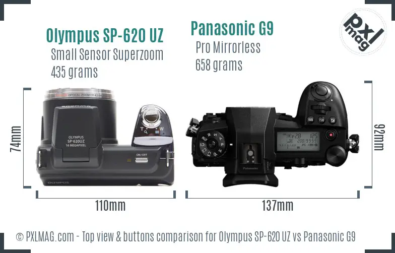 Olympus SP-620 UZ vs Panasonic G9 top view buttons comparison