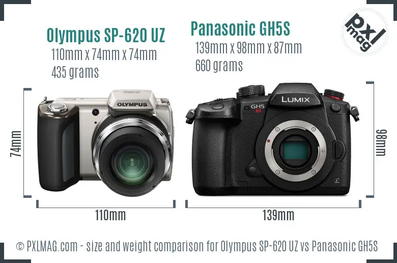 Olympus SP-620 UZ vs Panasonic GH5S size comparison