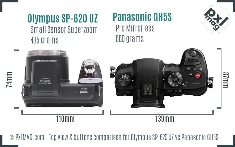 Olympus SP-620 UZ vs Panasonic GH5S top view buttons comparison