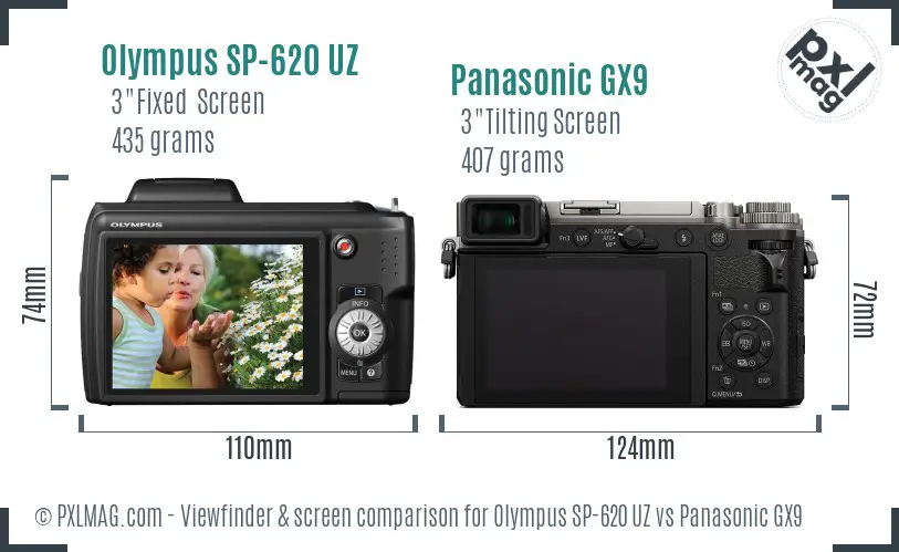 Olympus SP-620 UZ vs Panasonic GX9 Screen and Viewfinder comparison