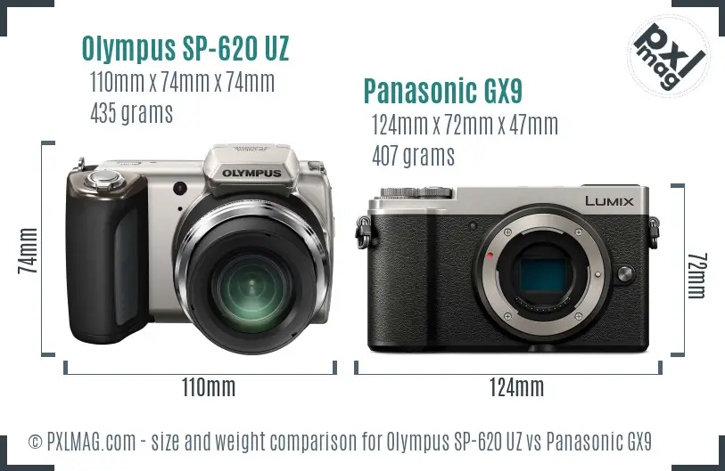 Olympus SP-620 UZ vs Panasonic GX9 size comparison