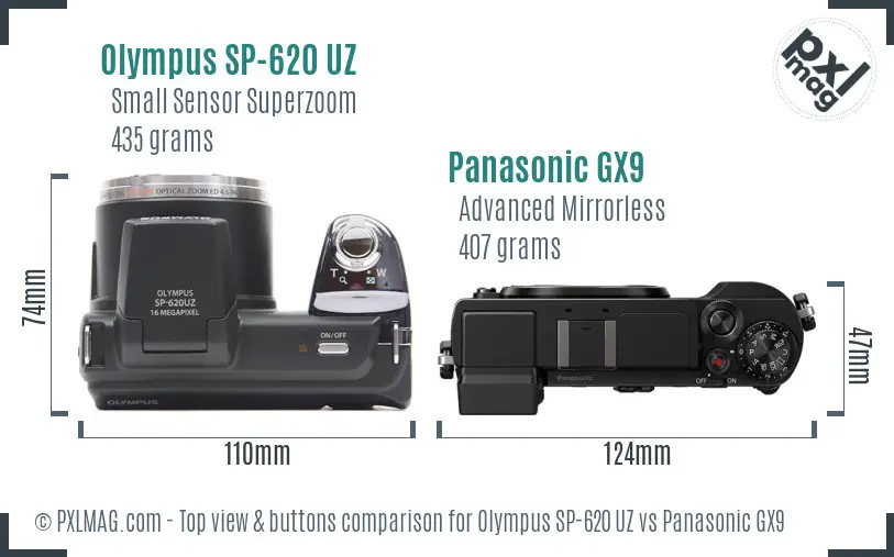 Olympus SP-620 UZ vs Panasonic GX9 top view buttons comparison