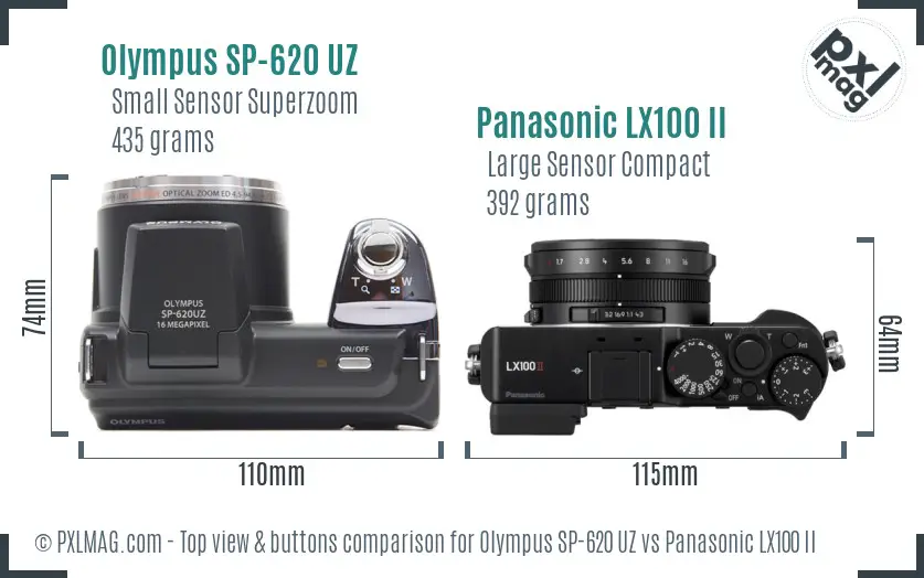 Olympus SP-620 UZ vs Panasonic LX100 II top view buttons comparison