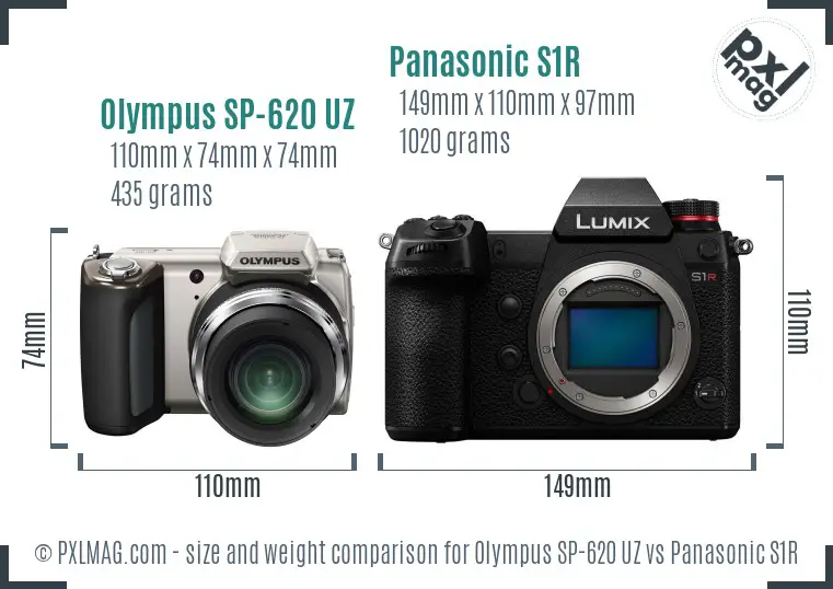 Olympus SP-620 UZ vs Panasonic S1R size comparison