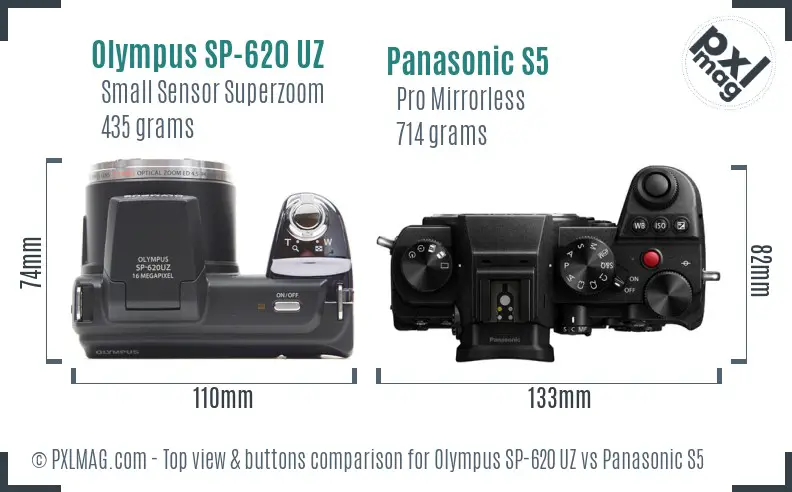 Olympus SP-620 UZ vs Panasonic S5 top view buttons comparison