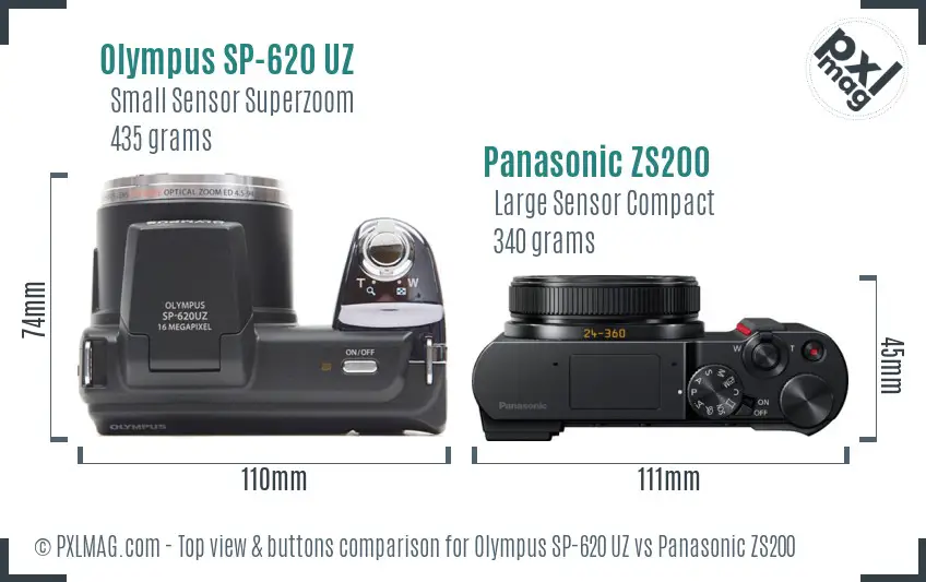 Olympus SP-620 UZ vs Panasonic ZS200 top view buttons comparison
