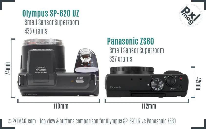 Olympus SP-620 UZ vs Panasonic ZS80 top view buttons comparison