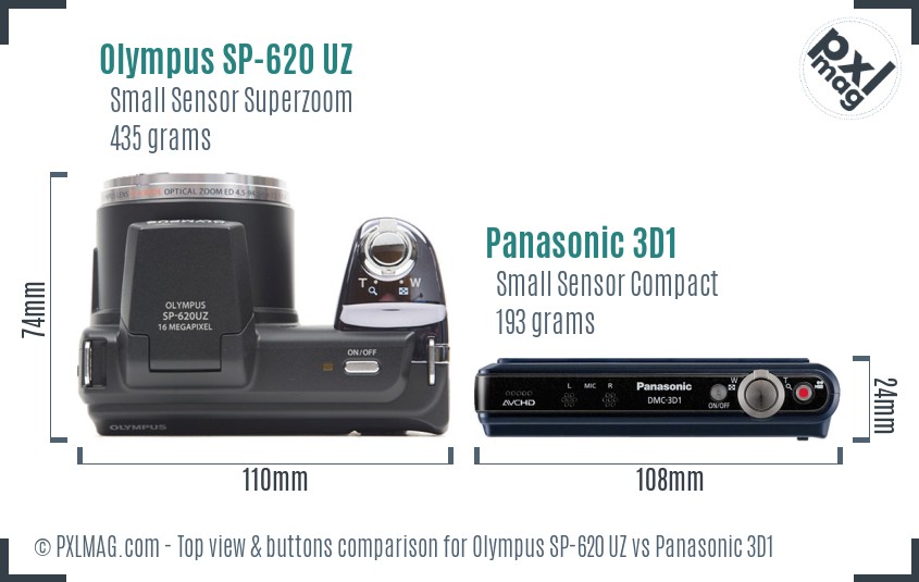 Olympus SP-620 UZ vs Panasonic 3D1 top view buttons comparison
