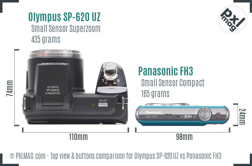 Olympus SP-620 UZ vs Panasonic FH3 top view buttons comparison