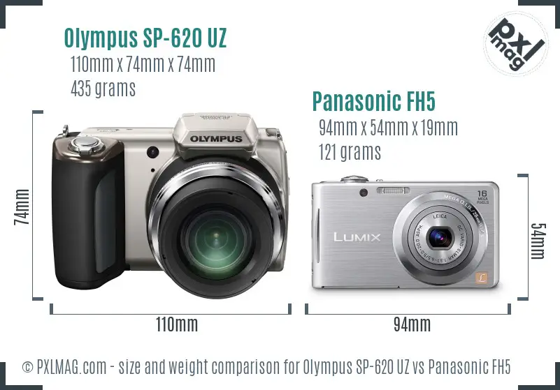 Olympus SP-620 UZ vs Panasonic FH5 size comparison