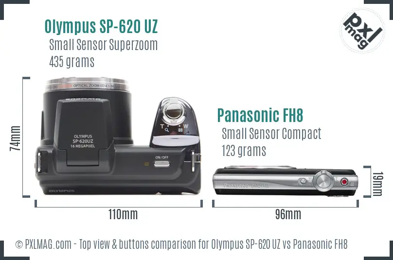 Olympus SP-620 UZ vs Panasonic FH8 top view buttons comparison