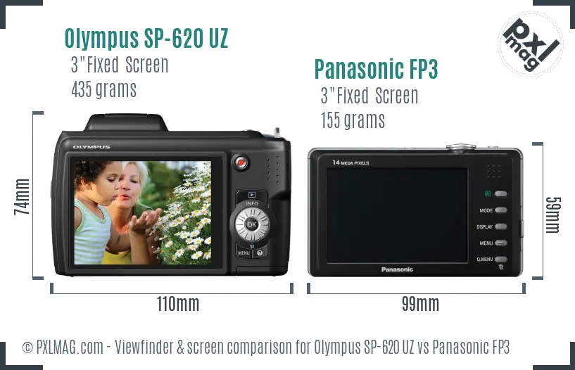 Olympus SP-620 UZ vs Panasonic FP3 Screen and Viewfinder comparison