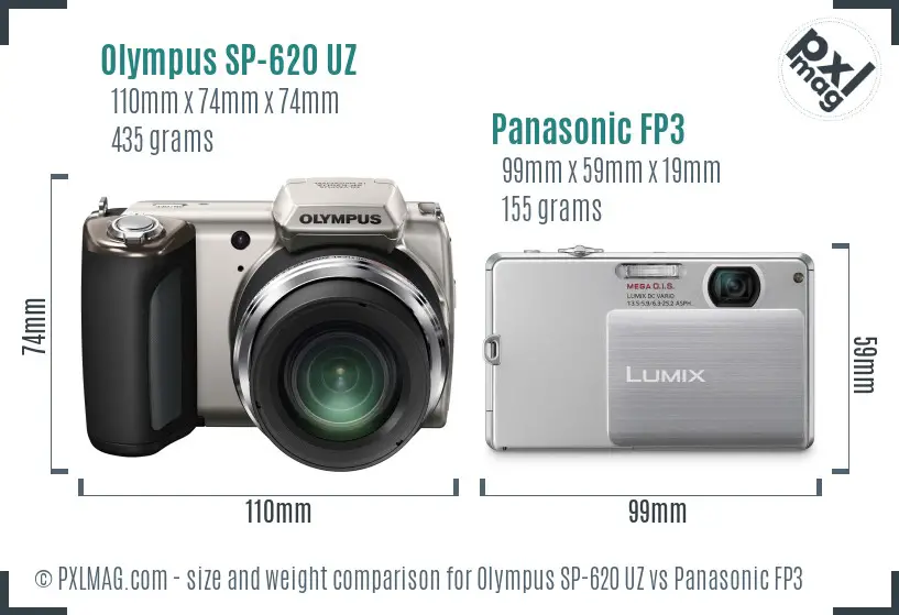 Olympus SP-620 UZ vs Panasonic FP3 size comparison