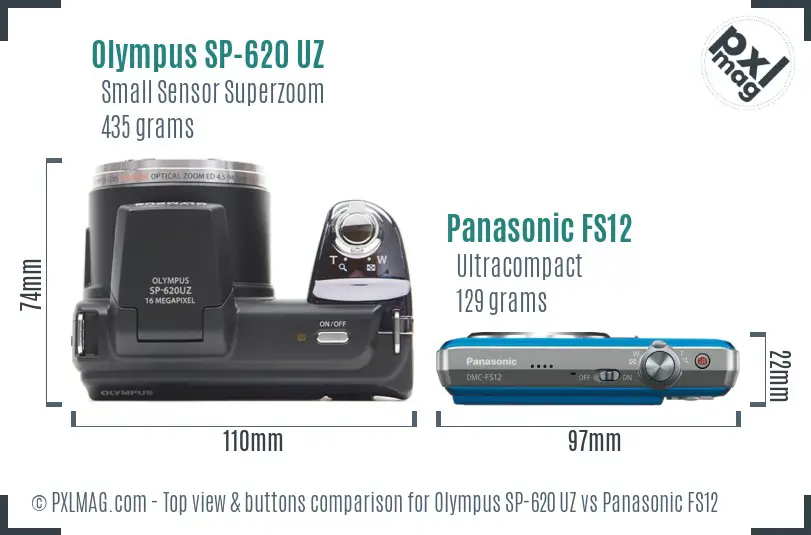 Olympus SP-620 UZ vs Panasonic FS12 top view buttons comparison