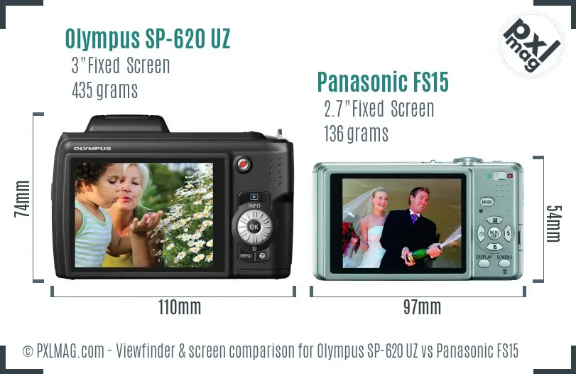 Olympus SP-620 UZ vs Panasonic FS15 Screen and Viewfinder comparison