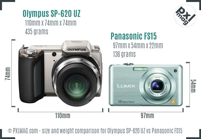 Olympus SP-620 UZ vs Panasonic FS15 size comparison
