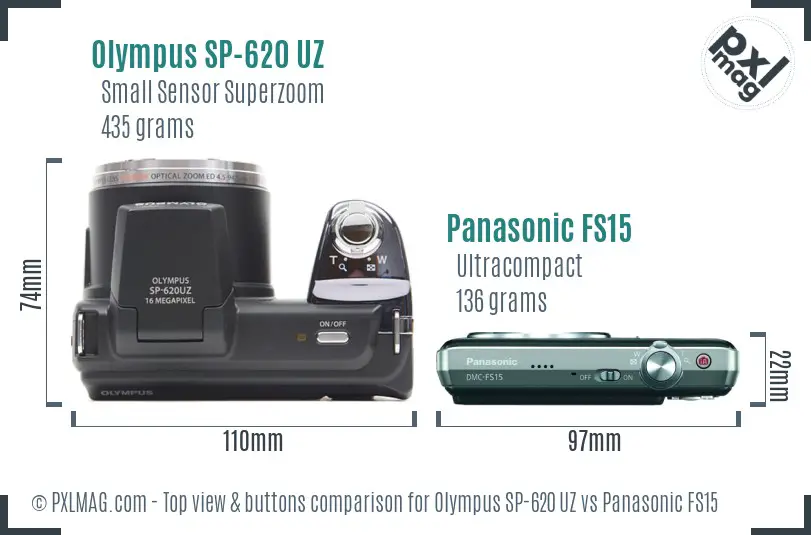 Olympus SP-620 UZ vs Panasonic FS15 top view buttons comparison