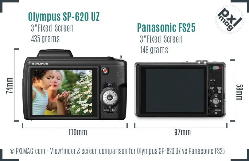 Olympus SP-620 UZ vs Panasonic FS25 Screen and Viewfinder comparison