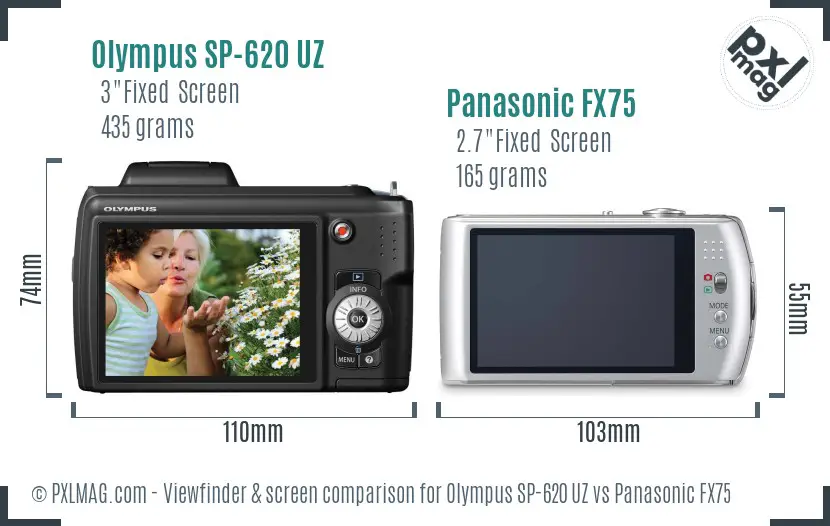 Olympus SP-620 UZ vs Panasonic FX75 Screen and Viewfinder comparison