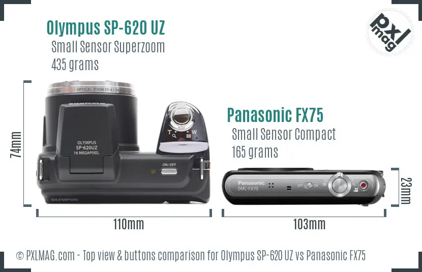 Olympus SP-620 UZ vs Panasonic FX75 top view buttons comparison