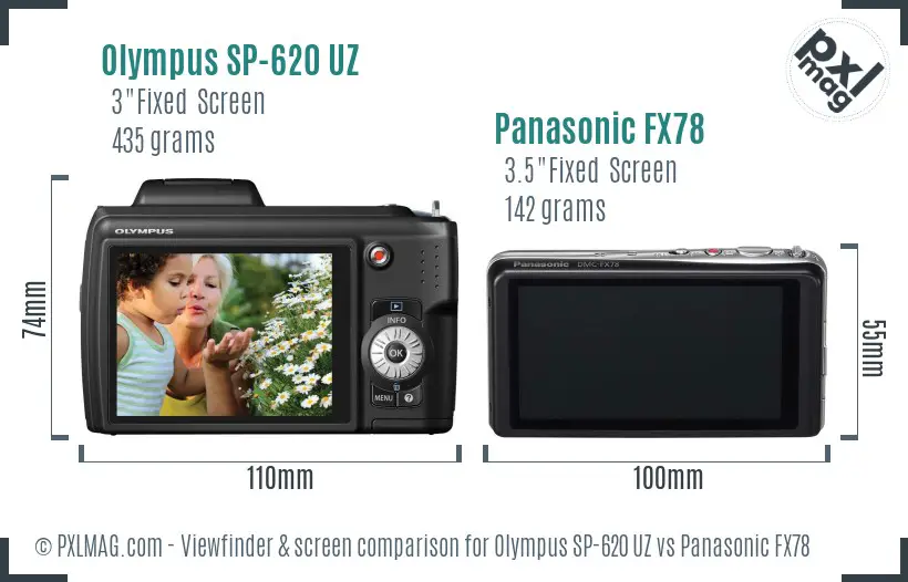 Olympus SP-620 UZ vs Panasonic FX78 Screen and Viewfinder comparison