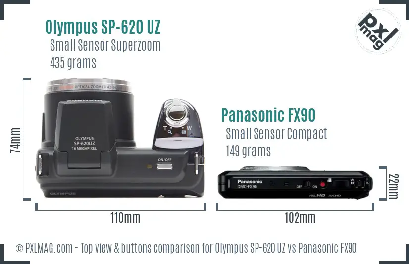 Olympus SP-620 UZ vs Panasonic FX90 top view buttons comparison