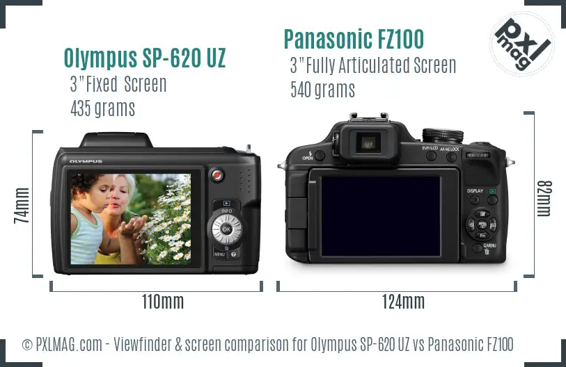 Olympus SP-620 UZ vs Panasonic FZ100 Screen and Viewfinder comparison