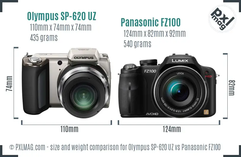 Olympus SP-620 UZ vs Panasonic FZ100 size comparison