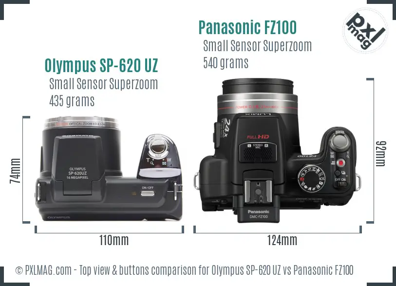 Olympus SP-620 UZ vs Panasonic FZ100 top view buttons comparison